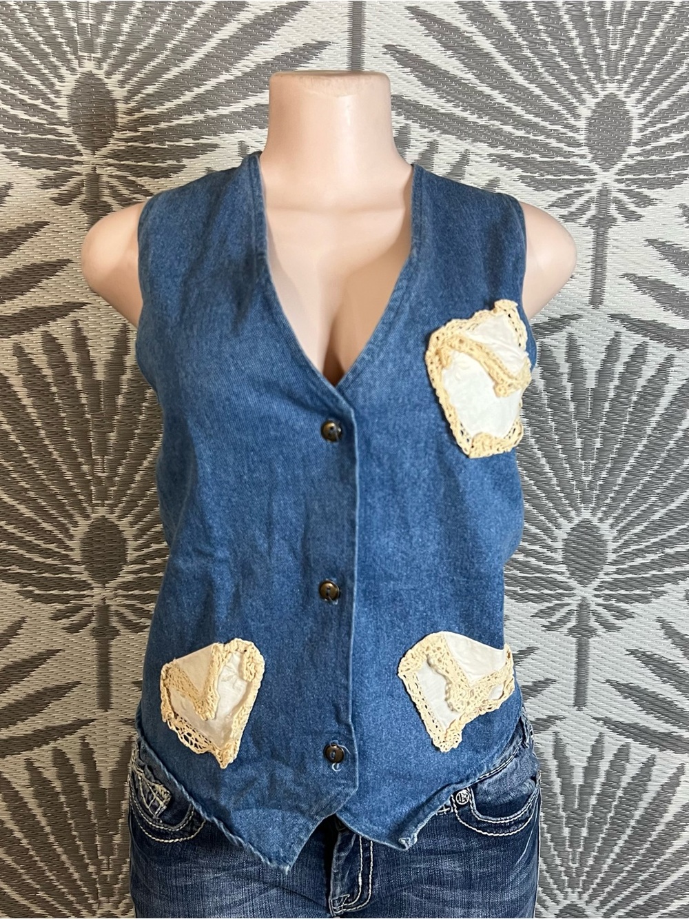 Vtg 90s Denim Lace Vest Button Front Women’s M Cottagecore Patchwork Made in USA